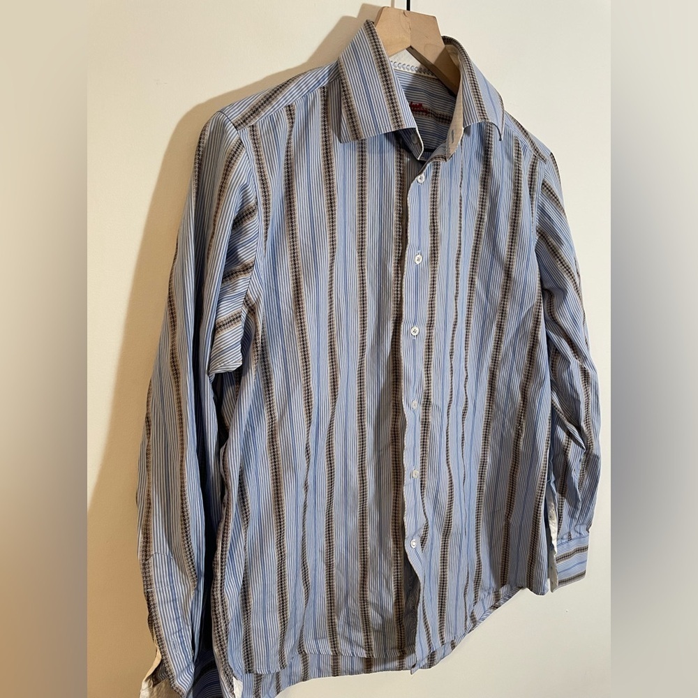 Robert Graham Dress Shirt Mens Blue Striped Flip Cuff Preppy Button Up Sz Medium - Picture 5 of 15